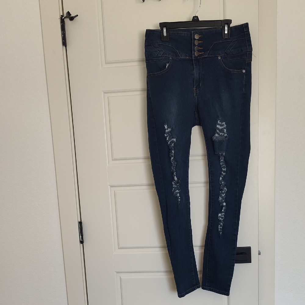 Women's High-Rise Ripped Skinny Jeans - Dark Blue